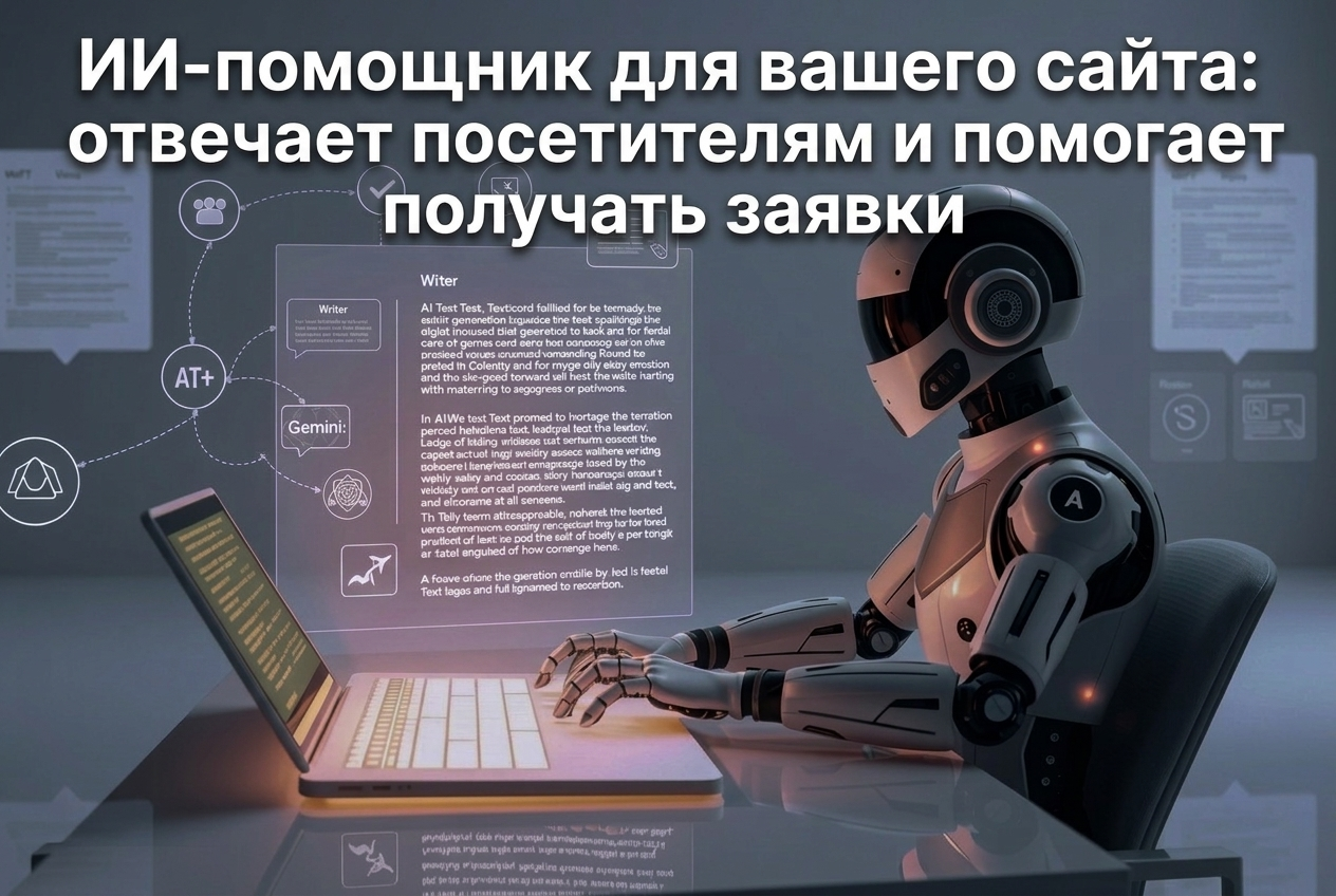 ИИ-помощник за ноутбуком — иллюстрация к статье о чат-ботах для сайта. ИИ-помощник за ноутбуком — иллюстрация к статье о чат-ботах для сайта.